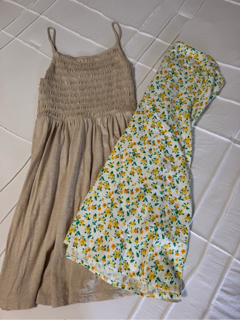 Women’s Dress Bundle: Beige Smocked Sundress with Yellow Floral Strapless